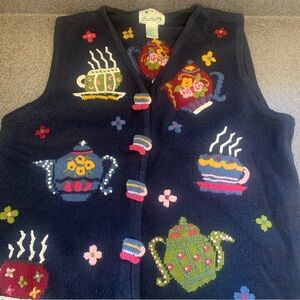 Vintage Quacker Factory Vest Teapot Teacups Novelty Buttons Grandmacore Size L